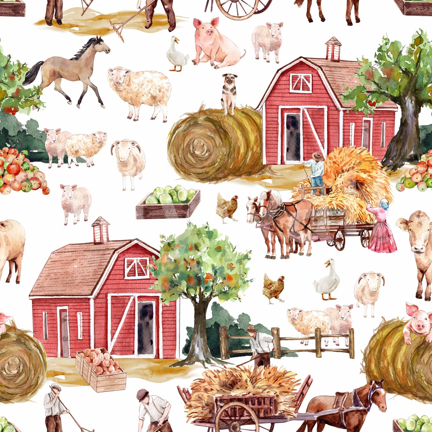 Lively animal repeat Farm Life Watercolor wallpaper mural finish.