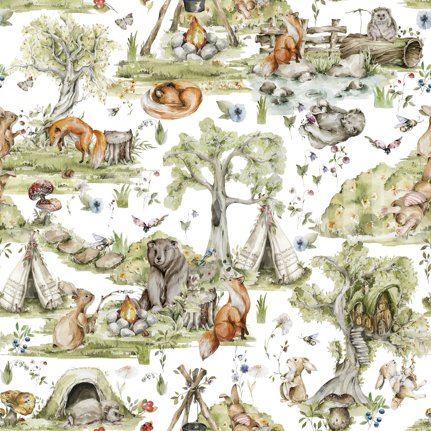 Nursery decor Woodland Wonders wallpaper: Gentle forest scene, peaceful creatures.