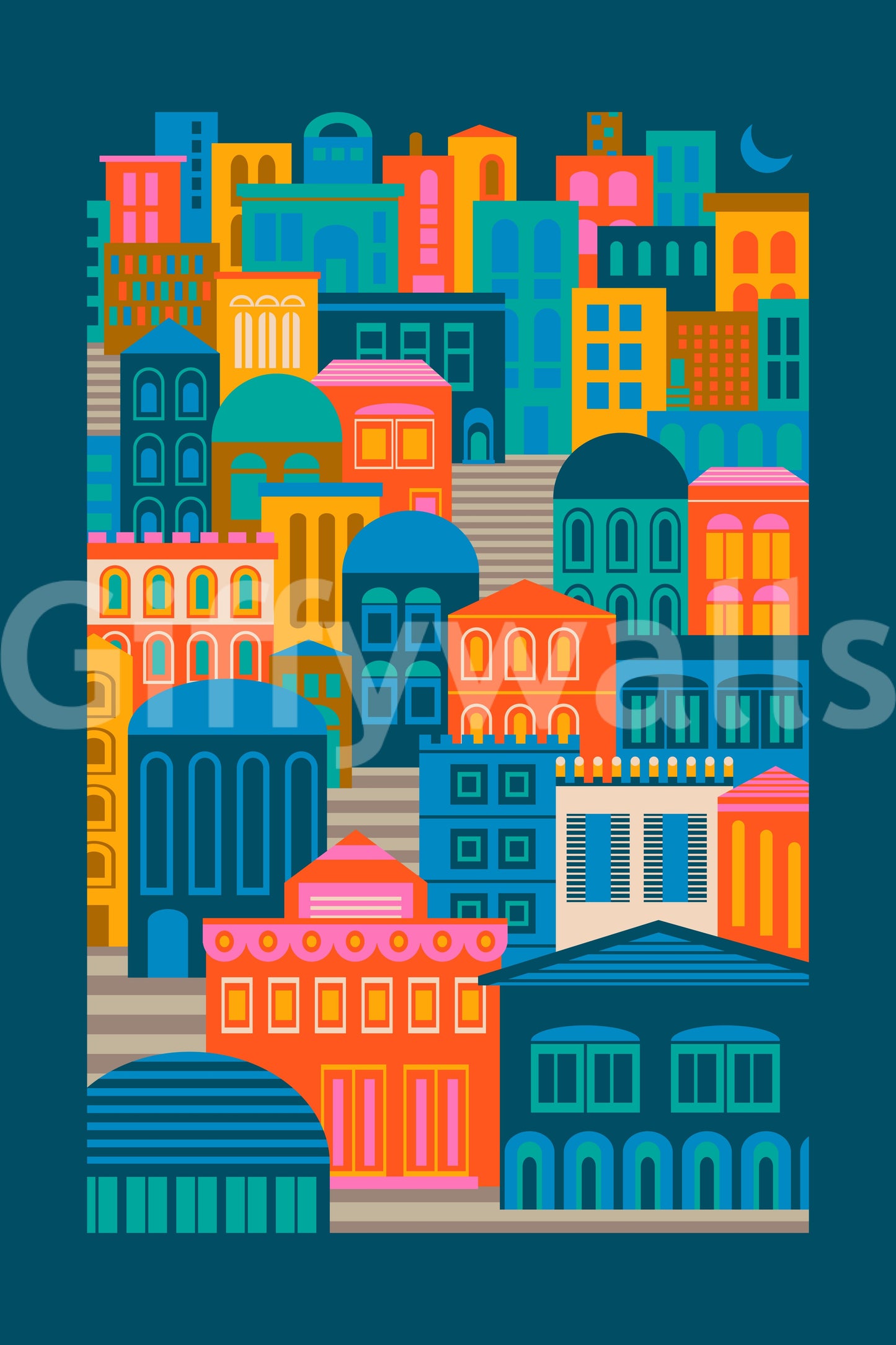 City Lights At Night Vintage Travel Bright Geometric Buildings Moon Rainbow Brights Wall Mural