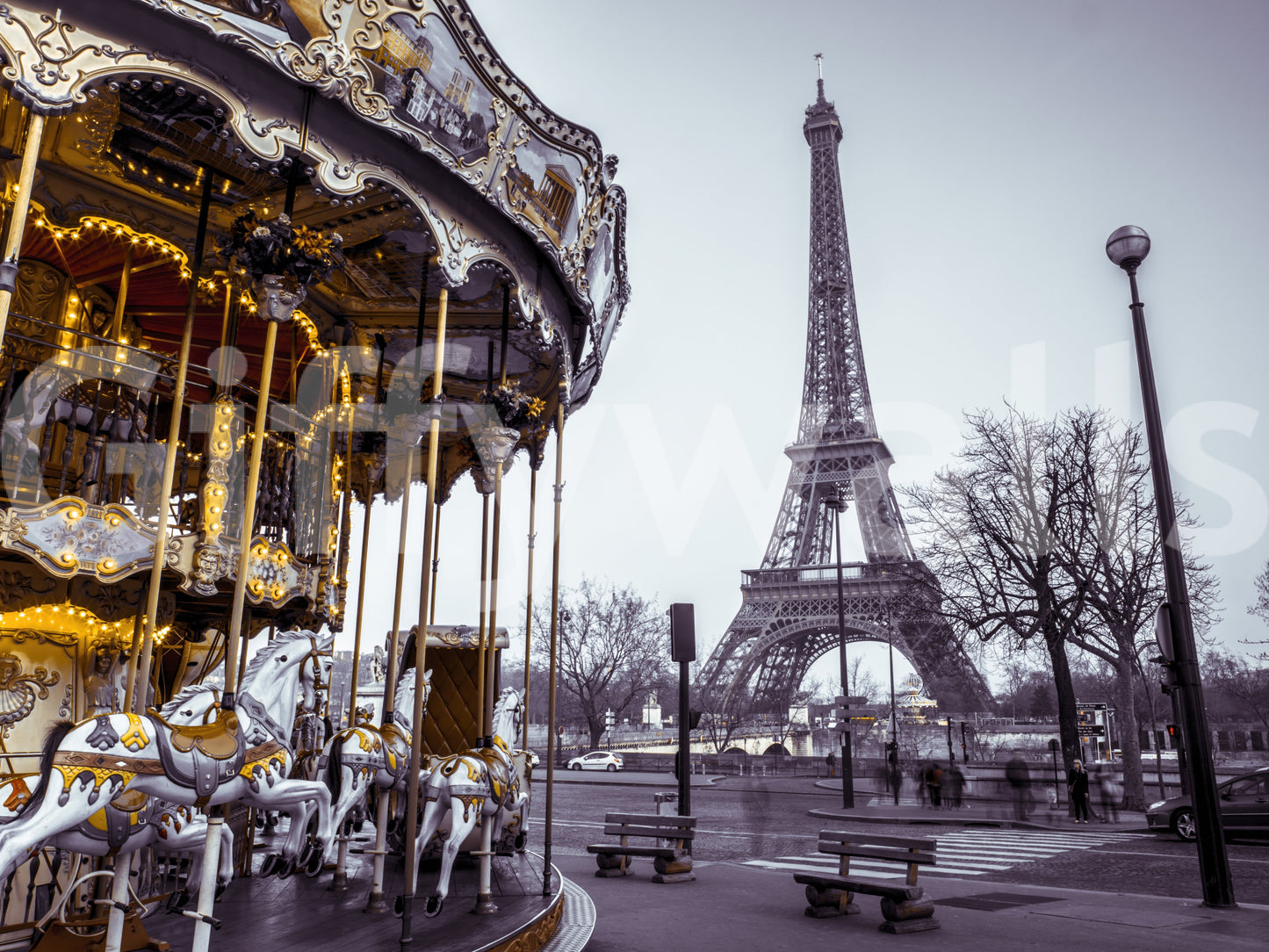 Winter atmosphere surrounds Eiffel Tower on Carousel Dreams wallpaper for home.