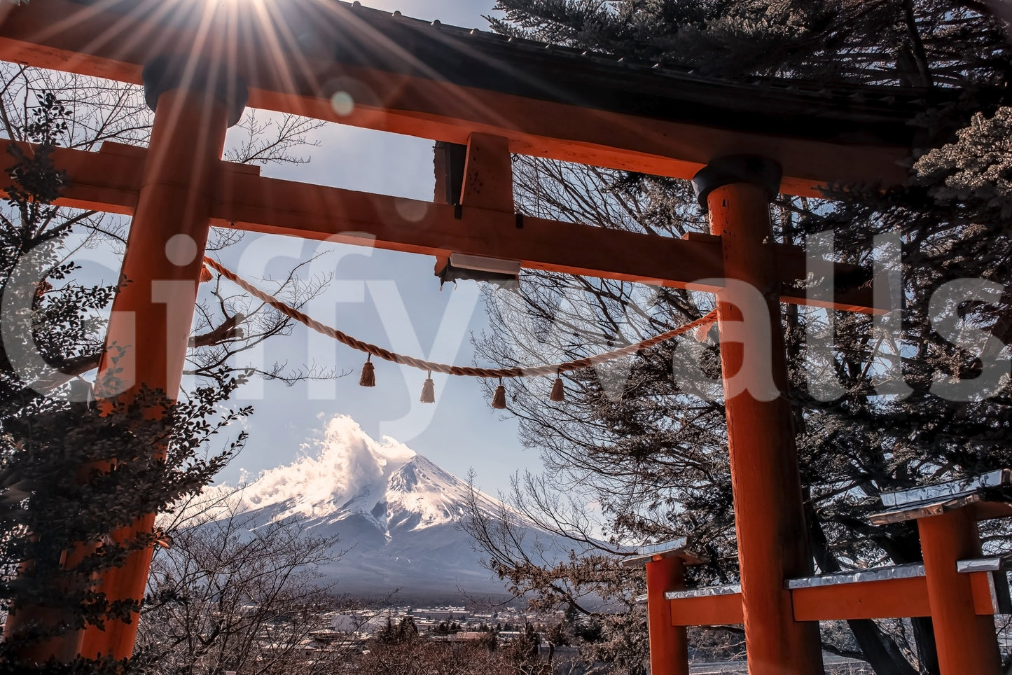 Dramatic Fuji Gate Sunbeams covering, perfect vista captured within a gate.