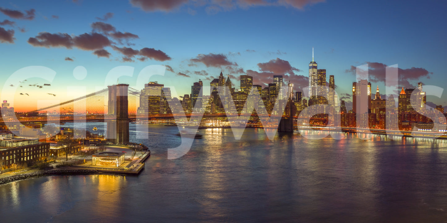 Panoramic city lights over water, Brooklyn Bridge, NYC Twilight Sparkle.