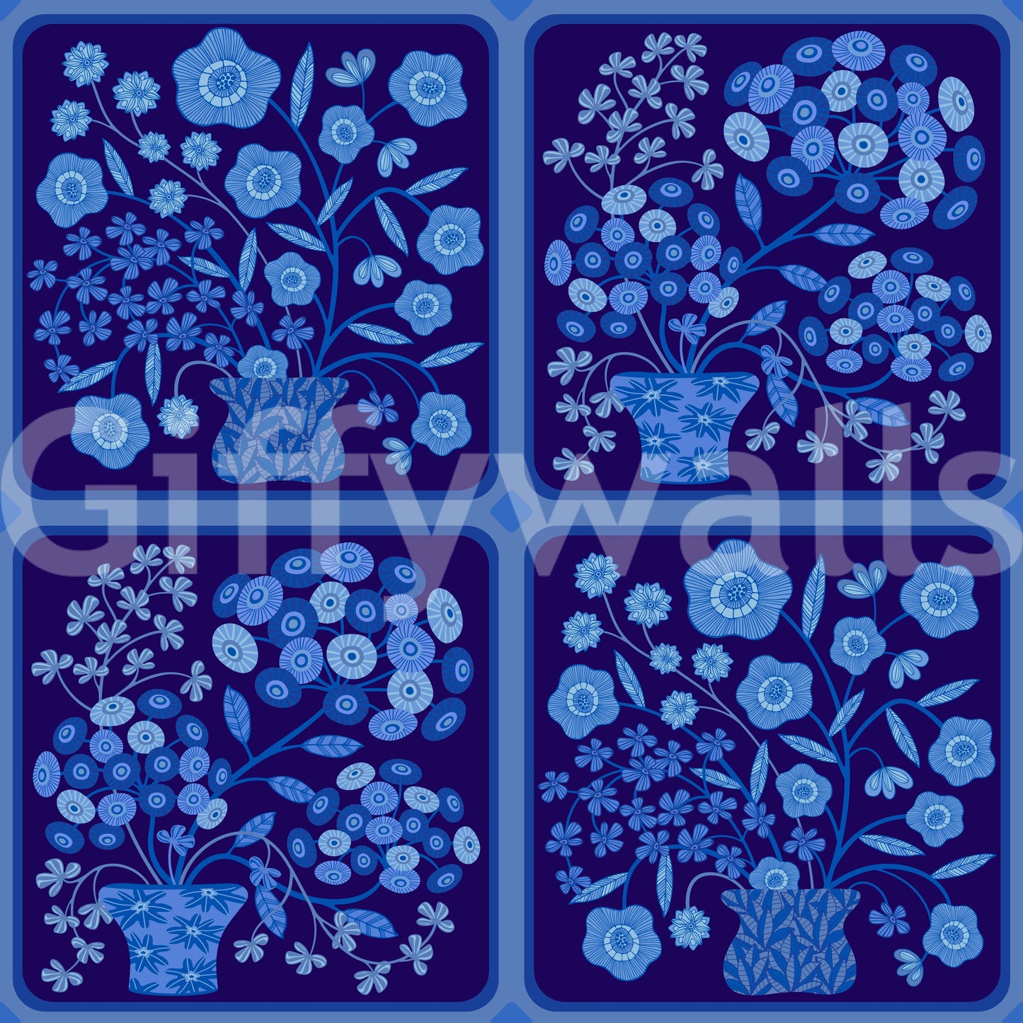 Flower Bouquet Tiles Floral Dark Delft Blue Wallpaper