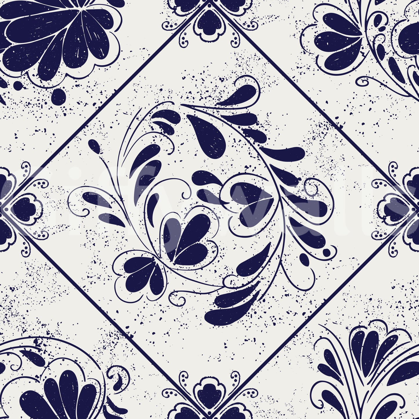 Vintage Indigo Floral Tiles Wallpaper