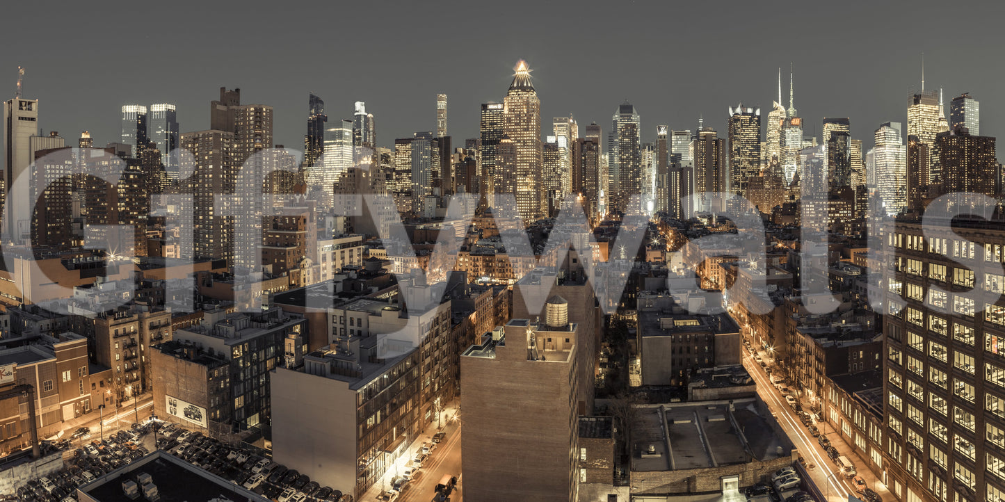 Fresque murale représentant un paysage urbain au crépuscule