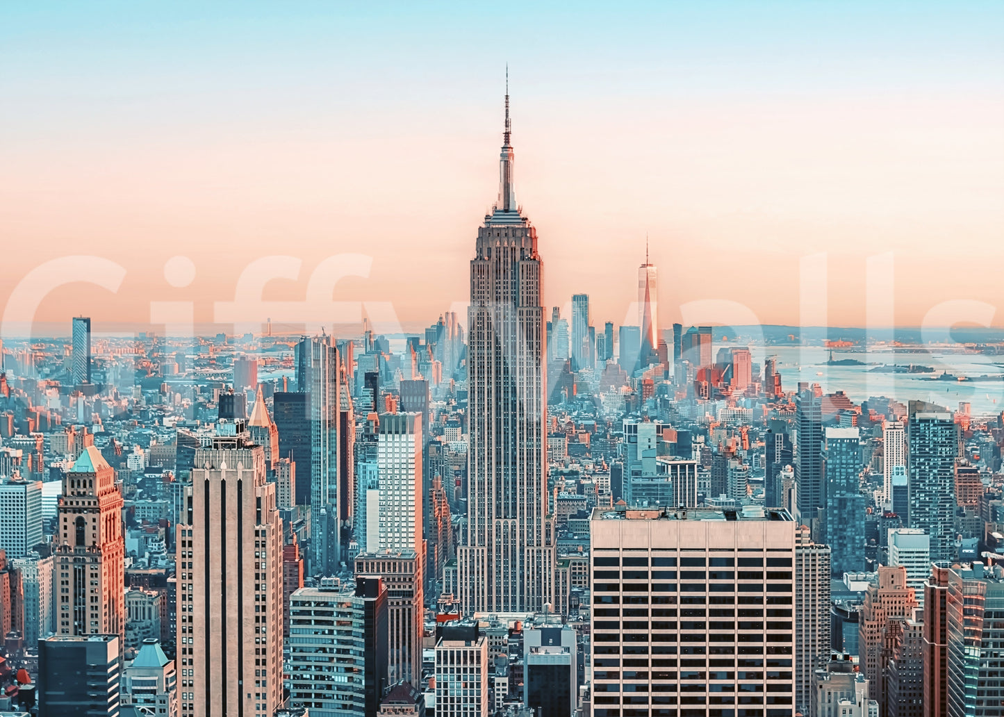 NYC solopgang skyline vægmaleri