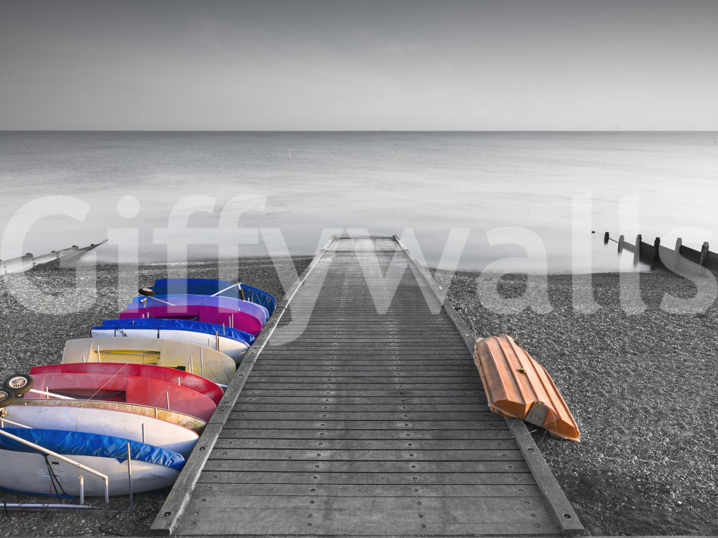 Wandgemälde „Kajaks auf dem Pier“