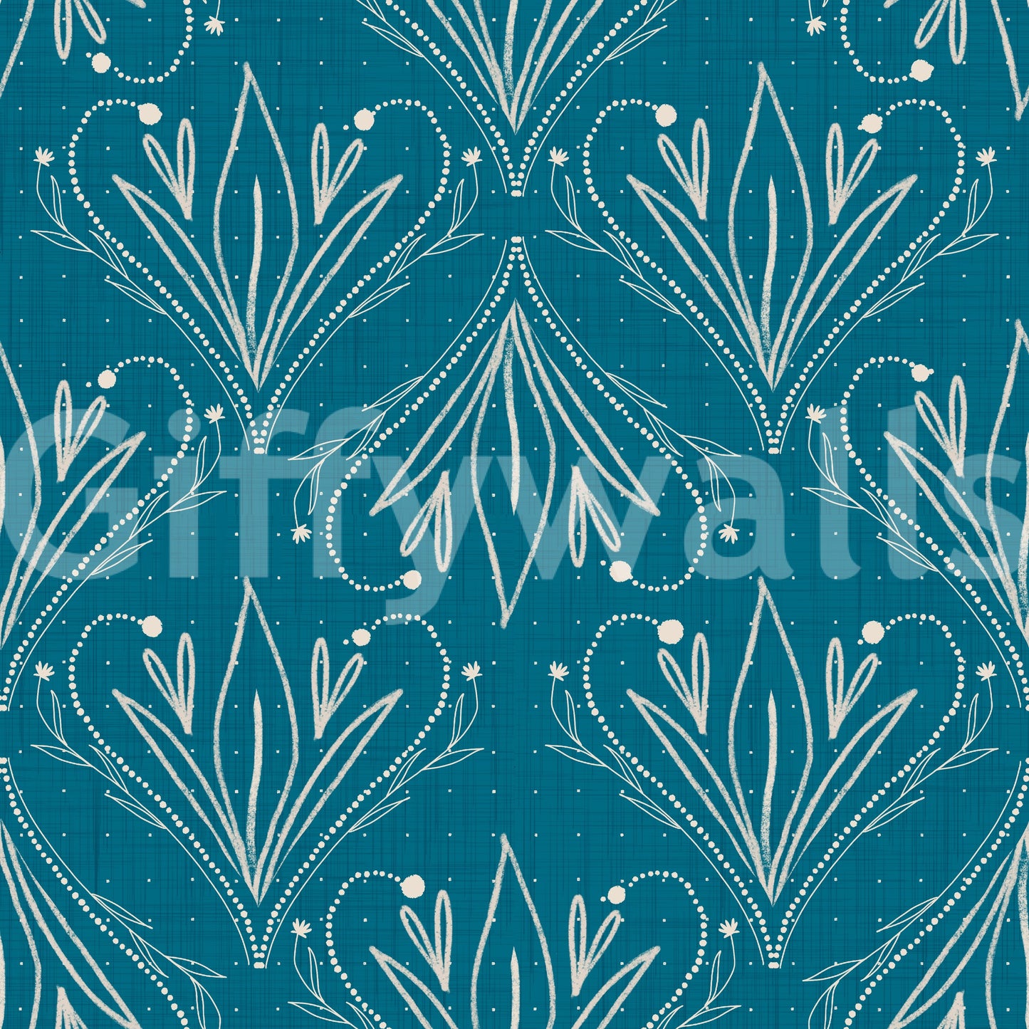 Papel de parede Boho Art Nouveau Folk Floral Azul Turquesa – Papel de parede desenhado à mão