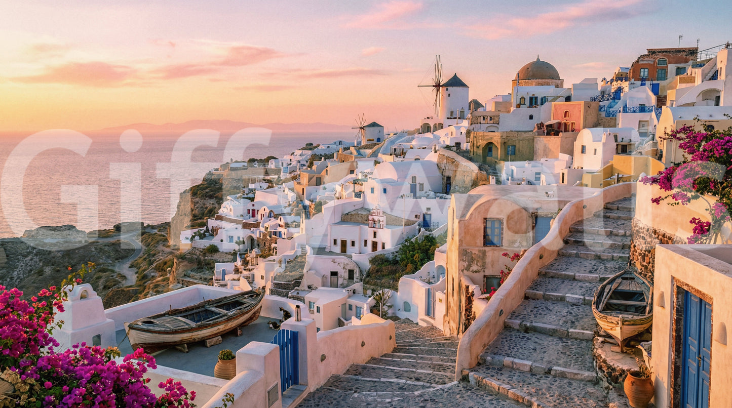 Santorini solnedgang vægmaleri