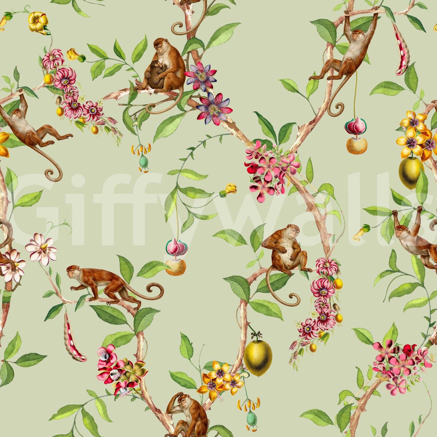 Whimsical Playing Monkeys Family Vintage Exotic Garden green Wallpaper