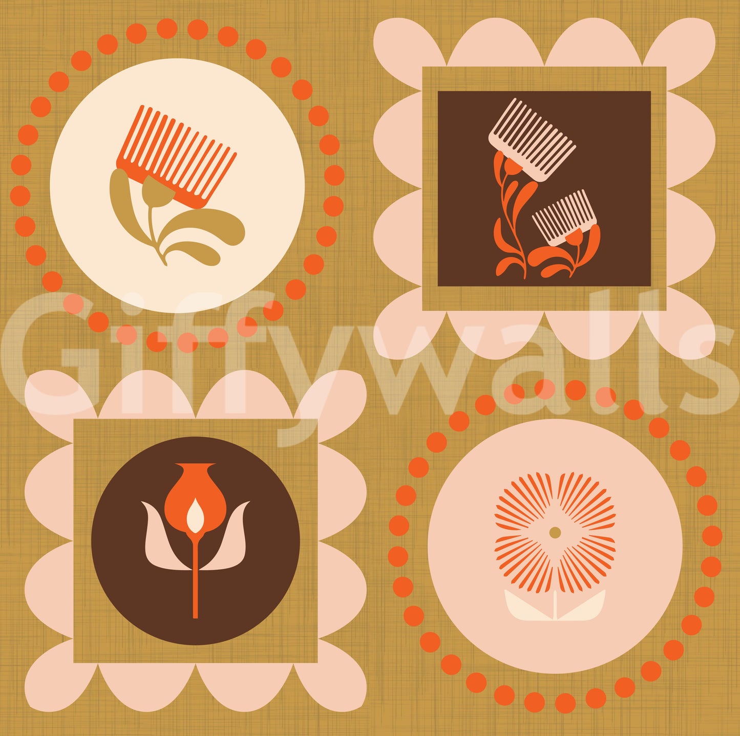 Rame Mid Mod cu flori sălbatice - Tapet crem teracotă cu colaj botanic