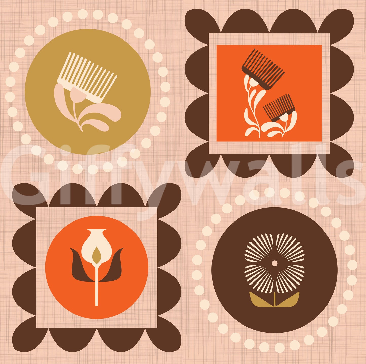 Mid-Mod-Wildblumenrahmen – Botanische Collage, ockerfarbene Terrakotta-Tapete