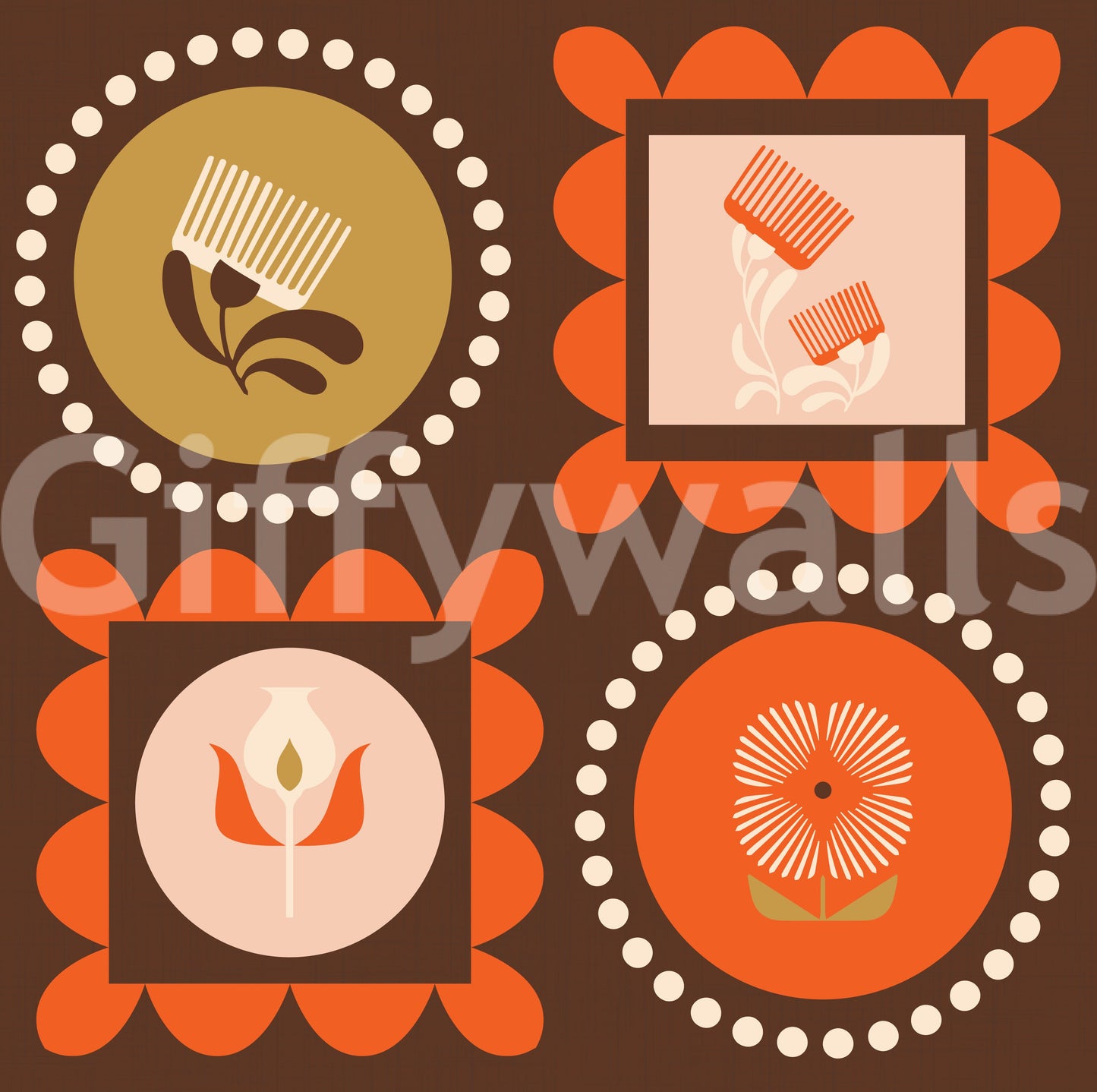 Mid-Mod-Wildblumenrahmen – Botanische Collage-Tapete in Schokoladenbraun und Terrakotta