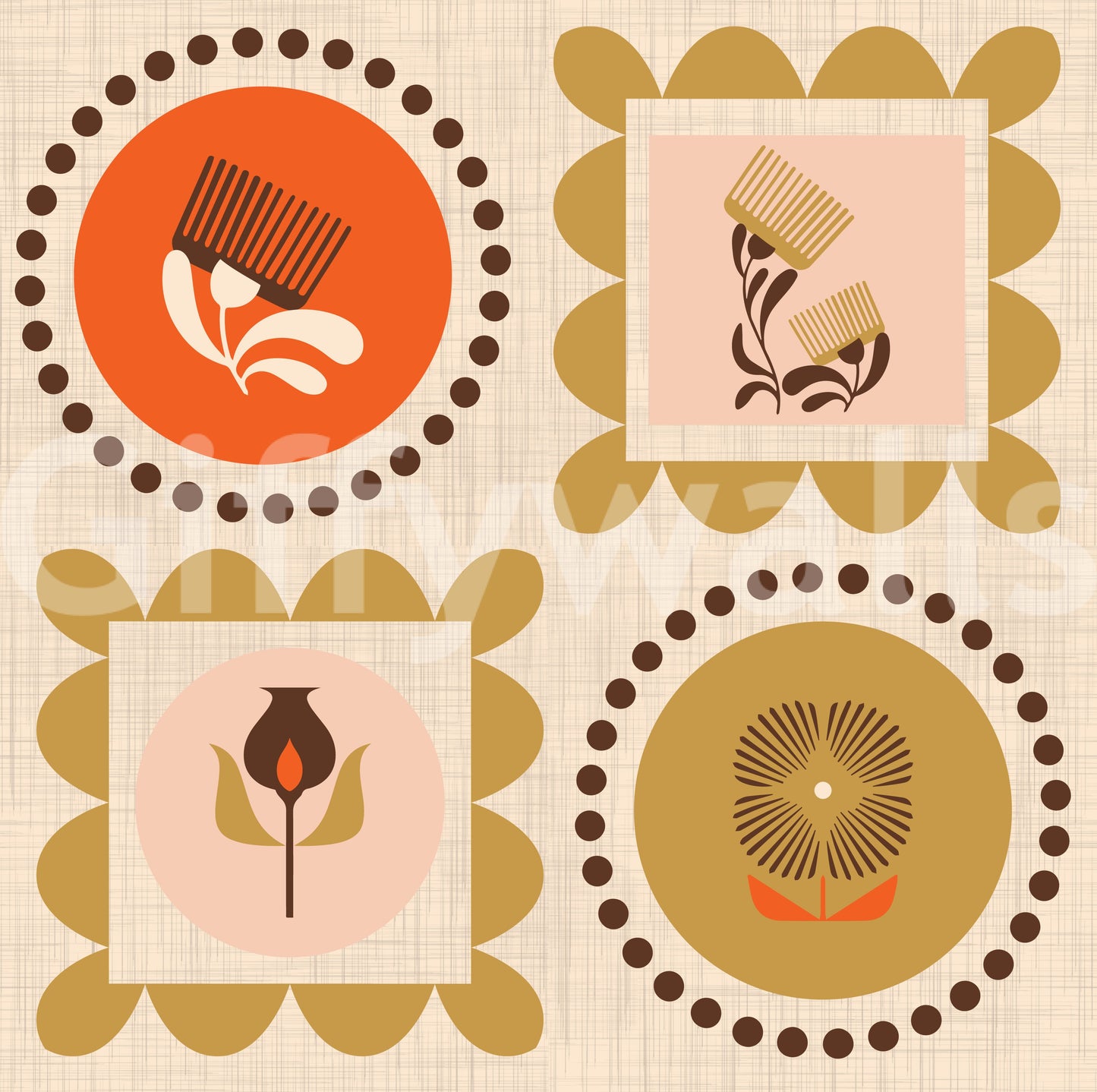 Mid-Mod-Wildblumenrahmen – Botanische Collage-Tapete in Terrakotta-Ocker