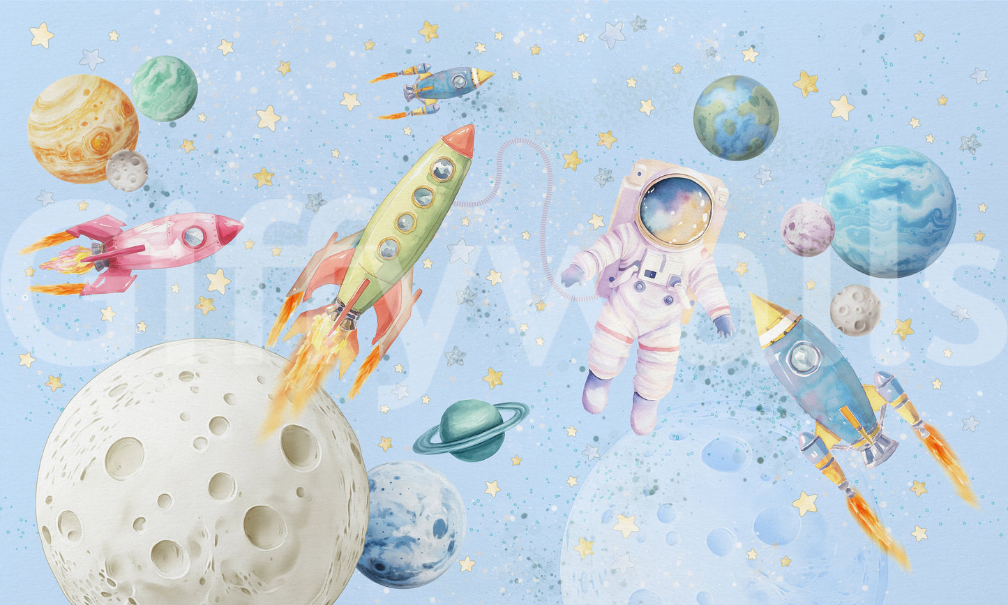 Space adventure wall mural with colorful rockets and floating astronaut