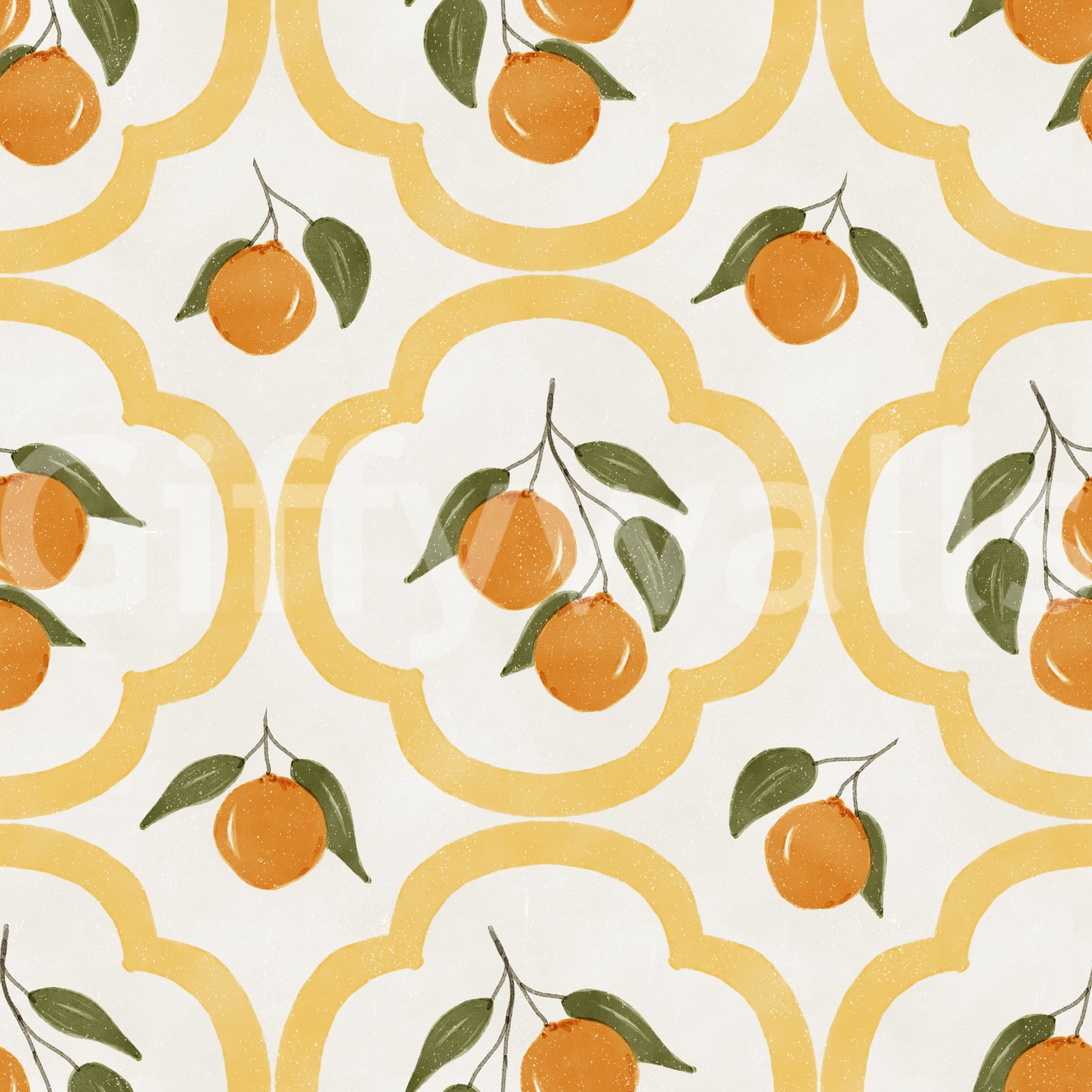 Orange fruit pattern wallpaper with soft yellow lattice and textured finish