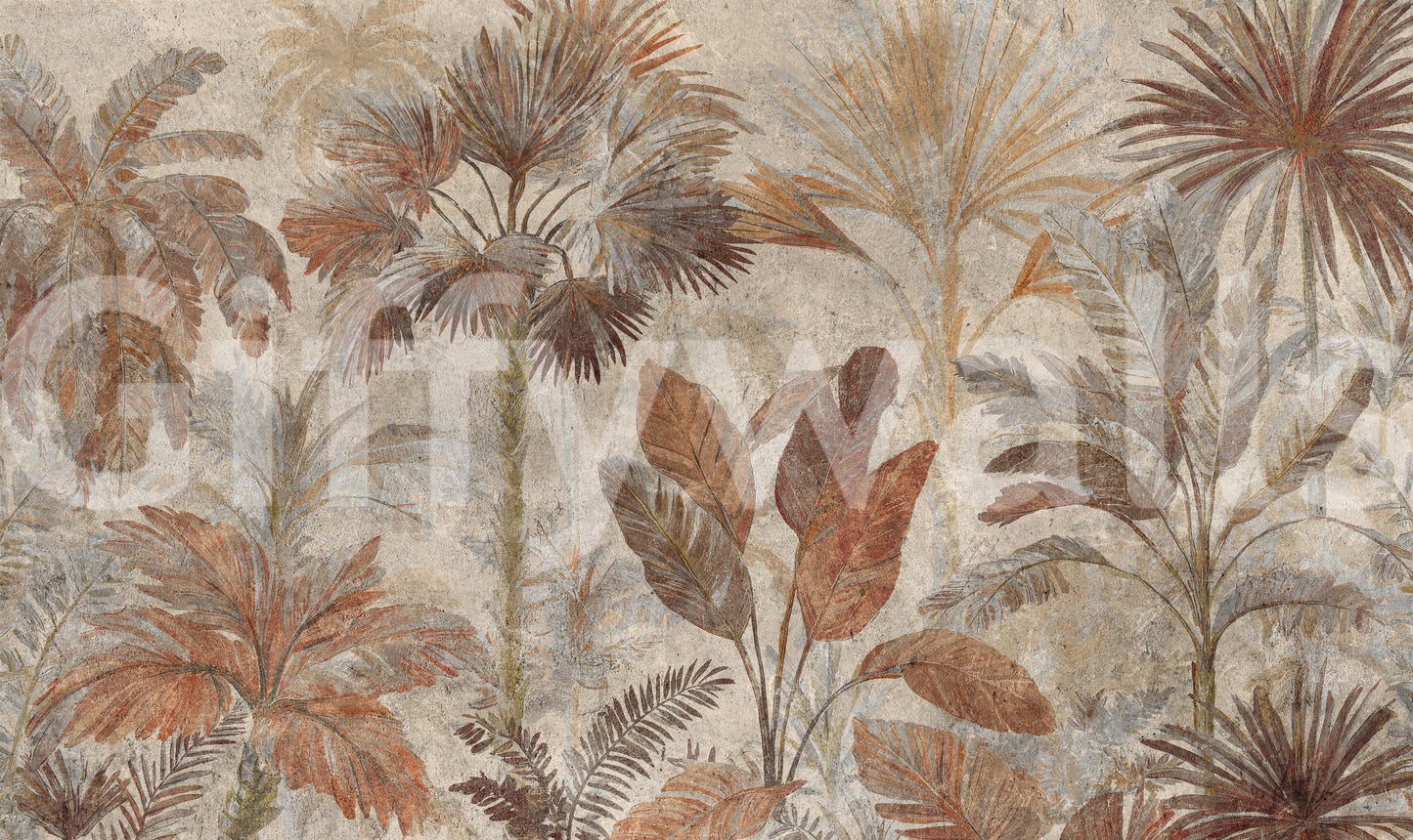 Terracotta palm leaves cover this tropical fresco wall mural on a textured stone background.