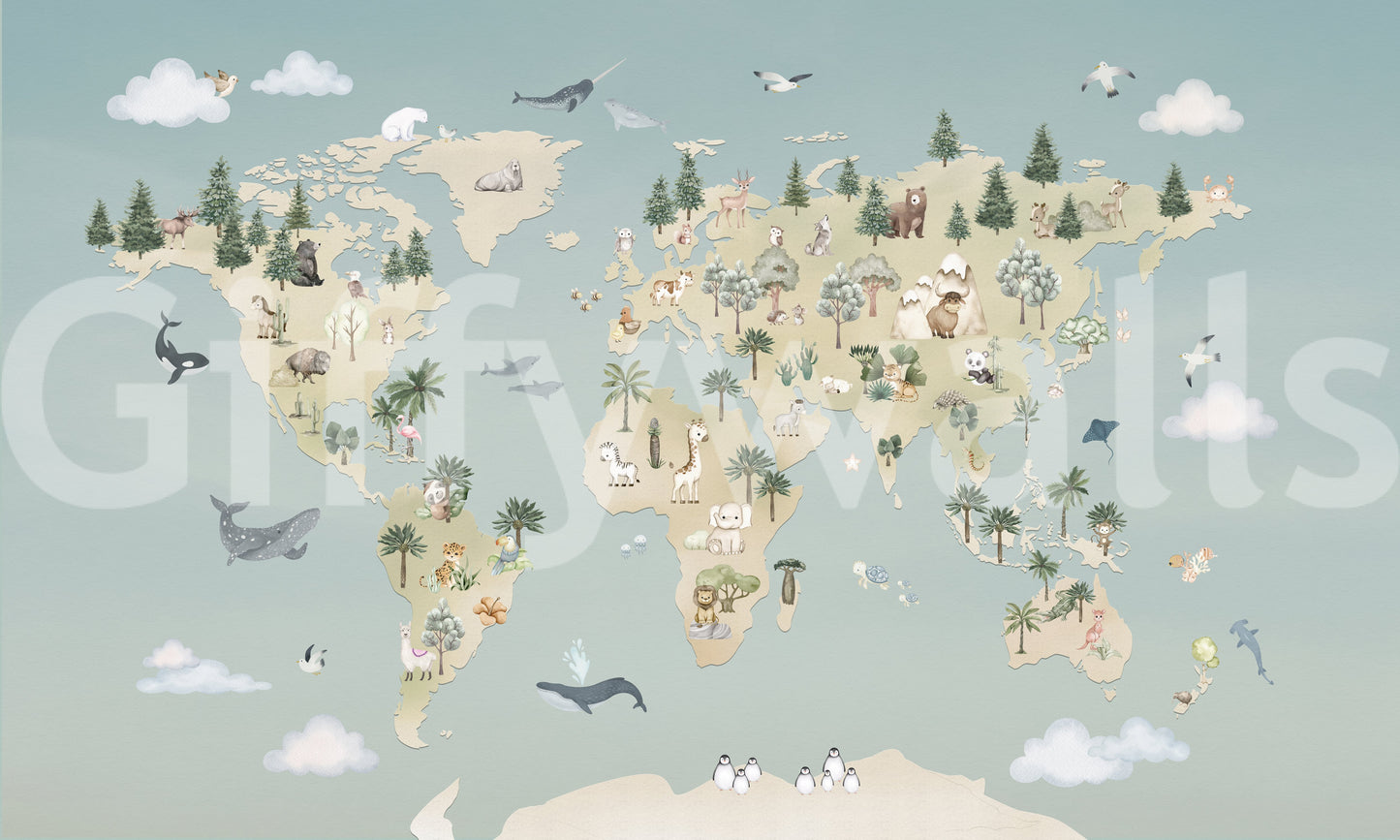 Soft tone map mural with continents and small animal figures
