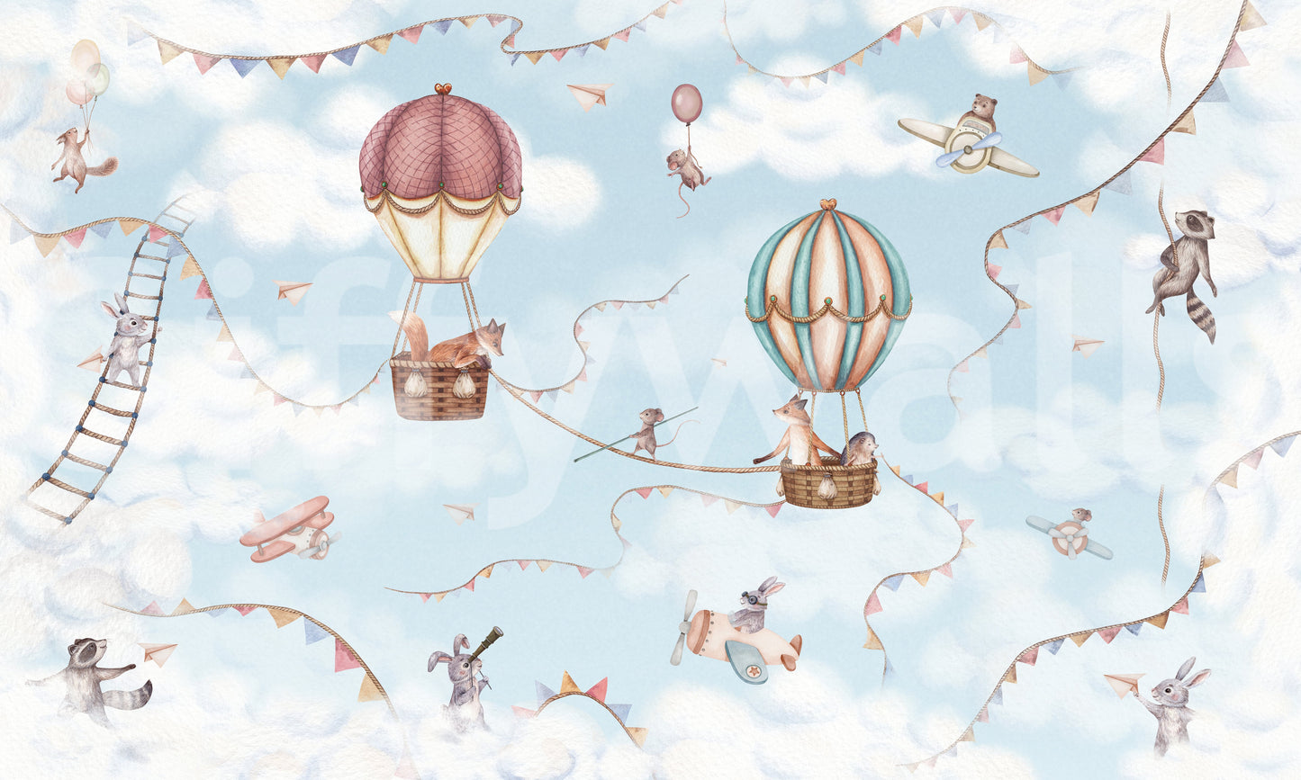Kids sky wall Adventure mural with animals and hot air balloon design