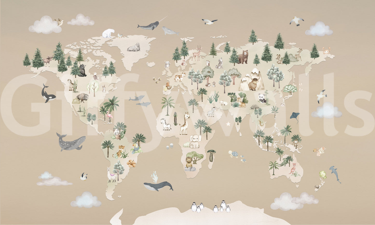 Atlas-style wall mural with animals across world continents