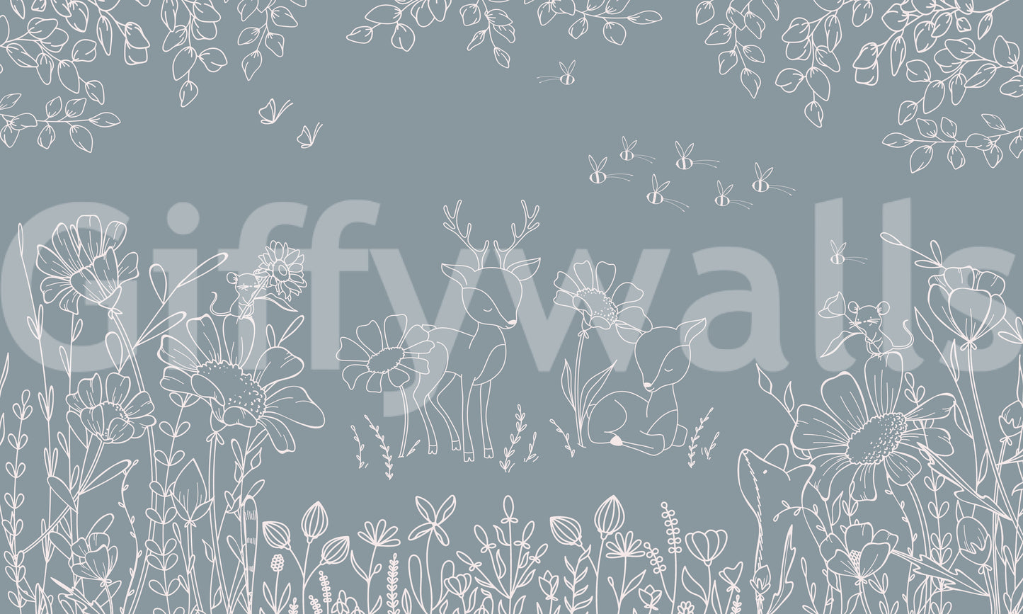Blue woodland wall mural featuring deer sketches and delicate floral elements