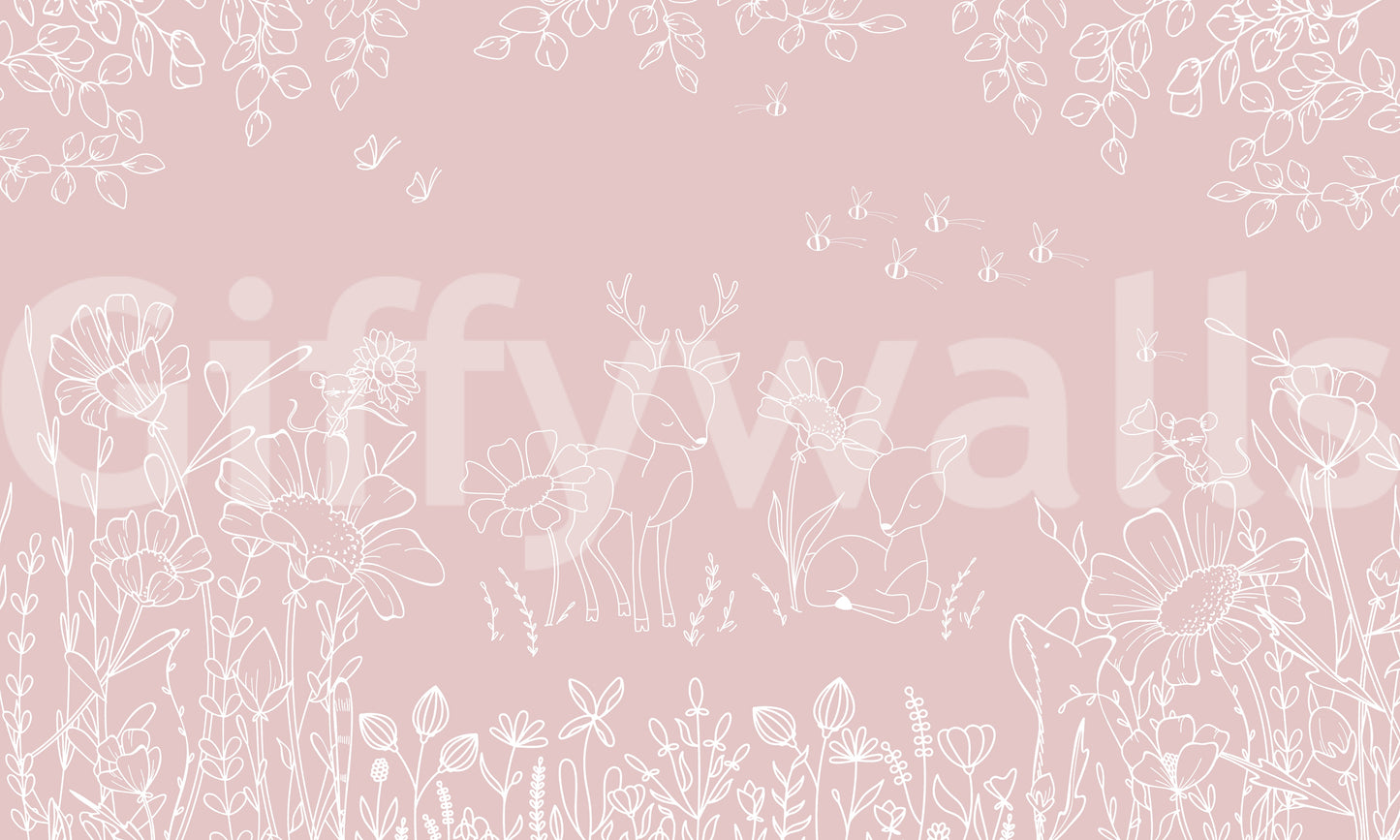 Calm floral deer wall mural pink doodle artwork style