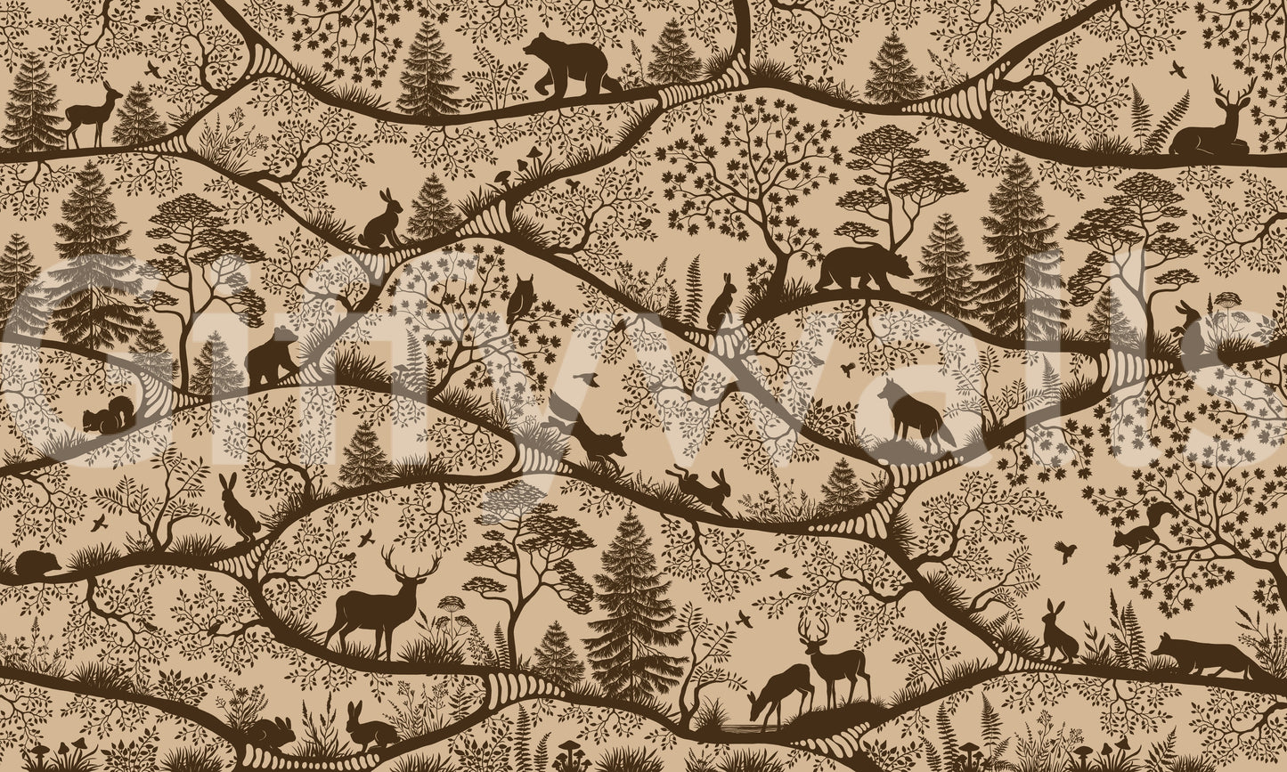 Nordic woodland animals wall mural layered trees beige brown pattern