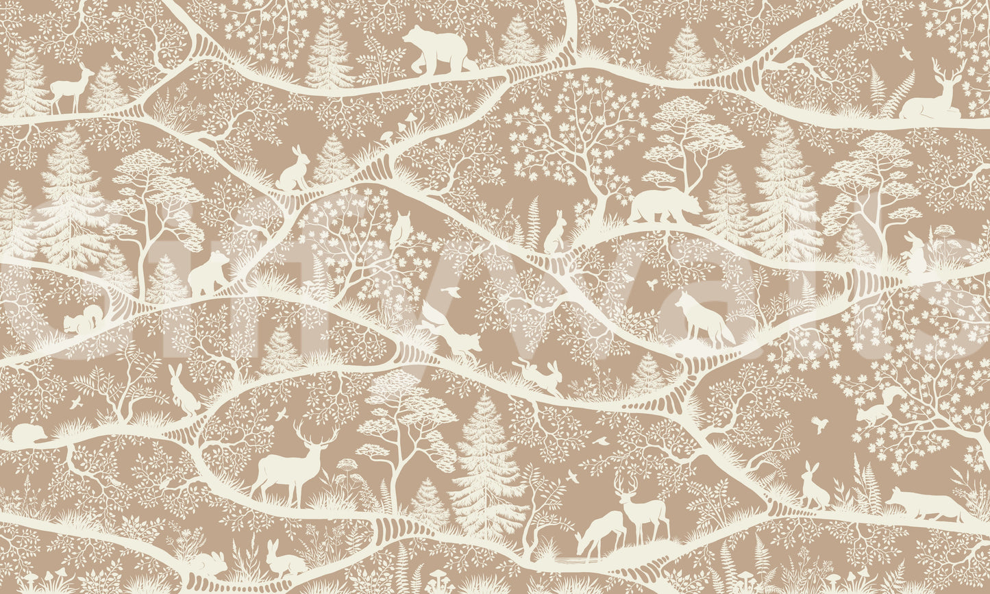 Nordic woodland animals wall mural layered trees brown white pattern