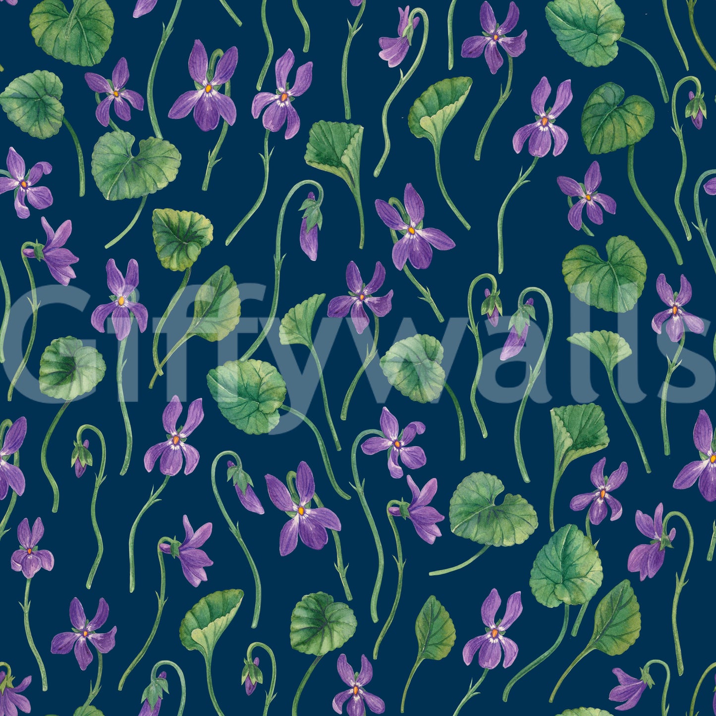 Botanical pattern wallpaper with watercolor violets and green leaves
