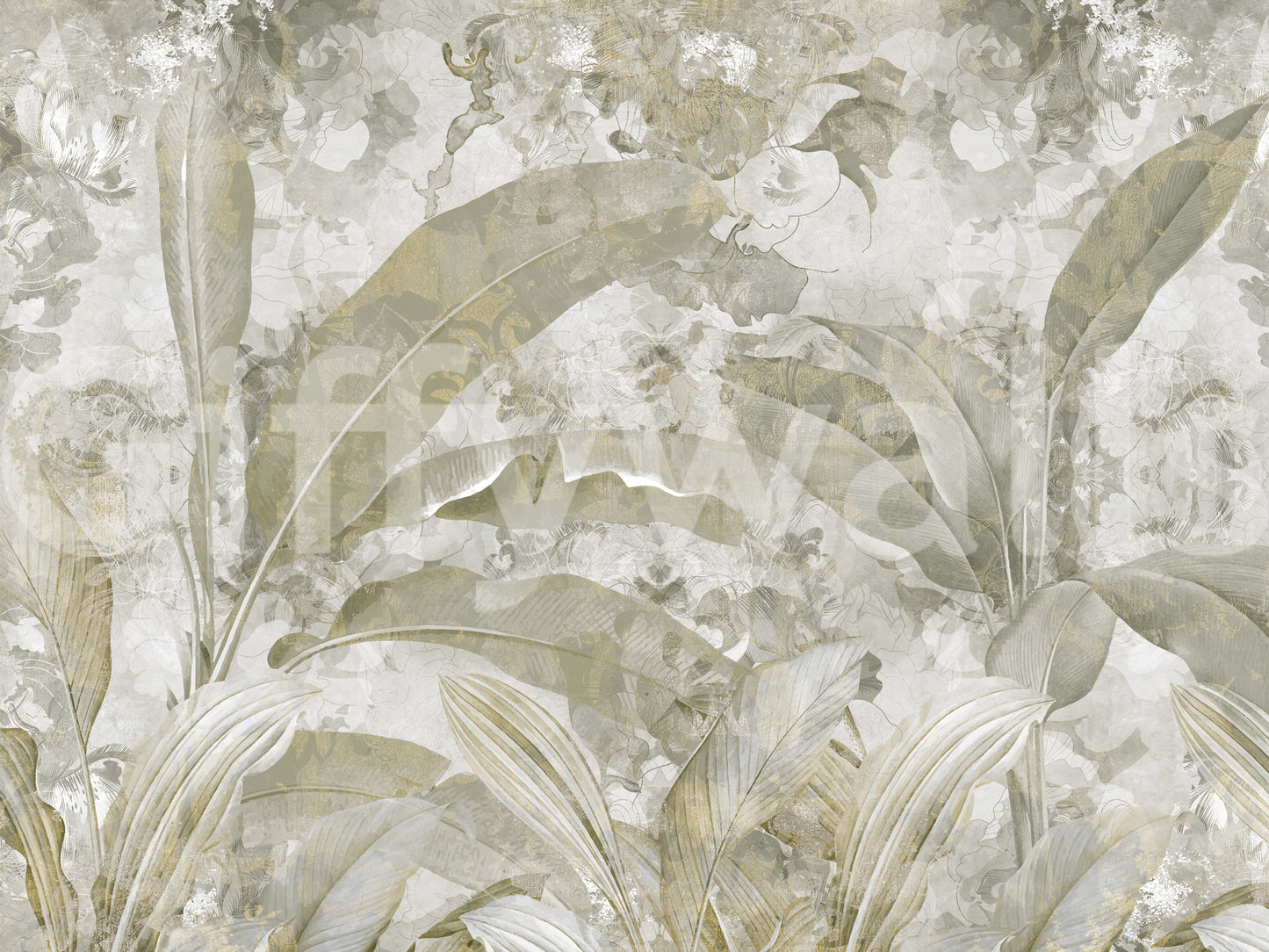 Sage Green Tropical Leaves wall mural with faded botanical composition