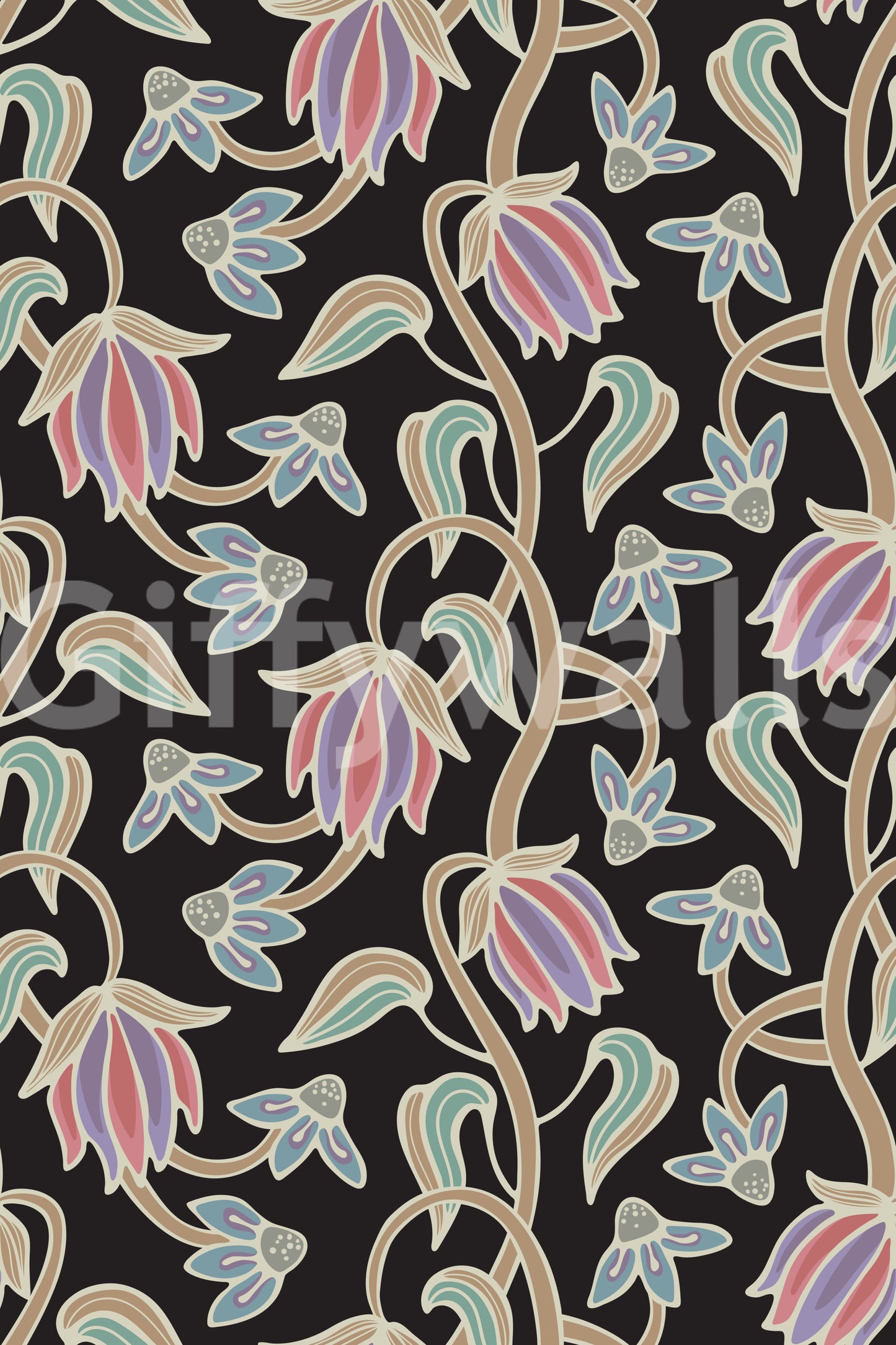 Ophelia Boho Blossoms wallpaper with black base and pastel highlights