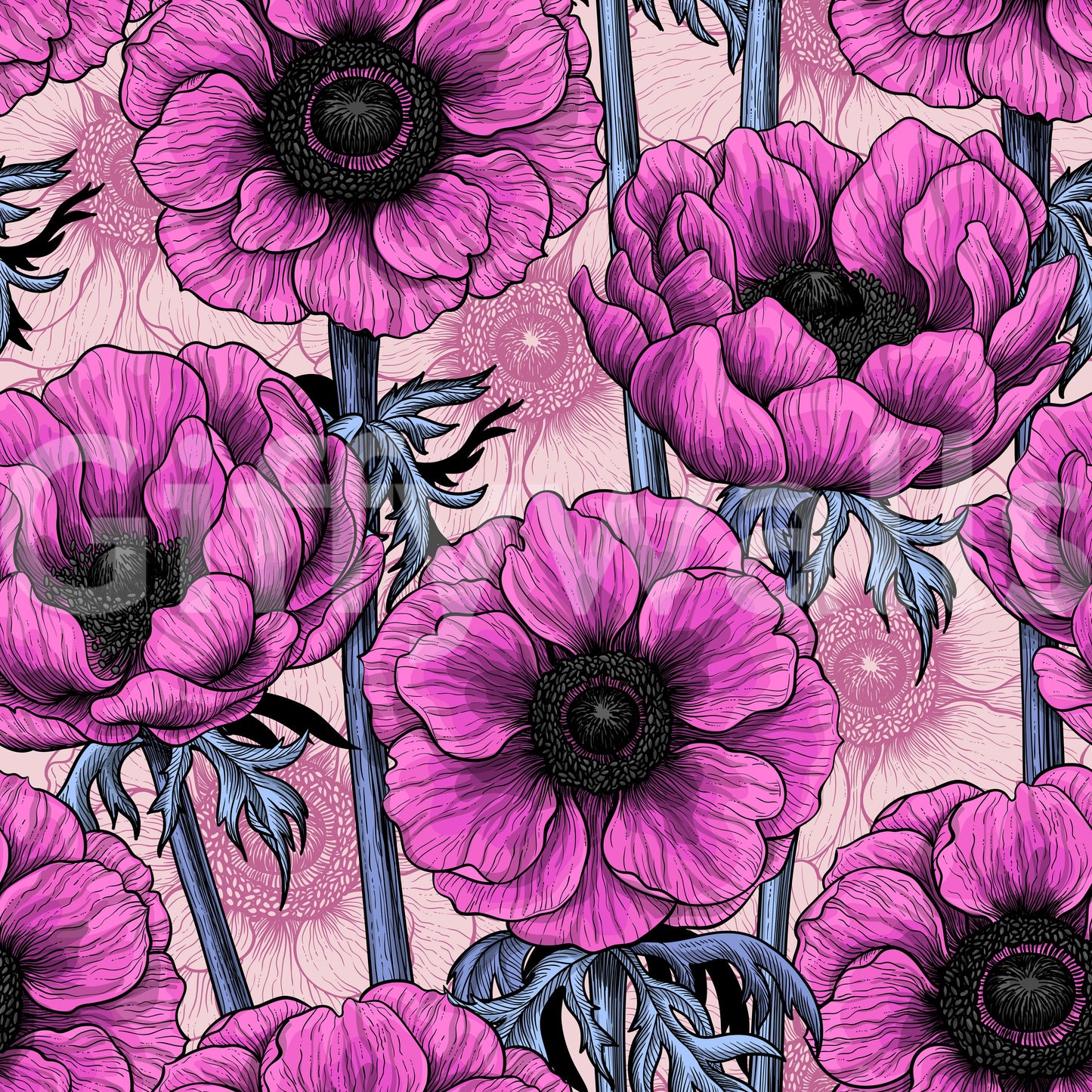 Elegant pink botanical wallpaper with Pink Anemone Garden composition