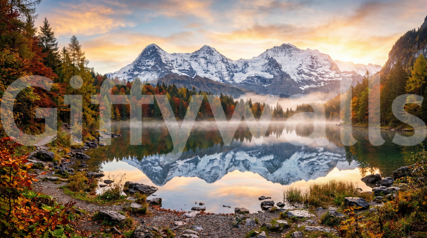 Misty Peaks: Autumn Reflections at Dawn Wall Mural