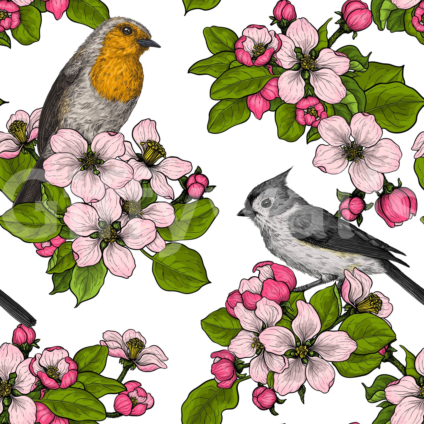 Birds and Blossoms on White wallpaper with layered botanical elements