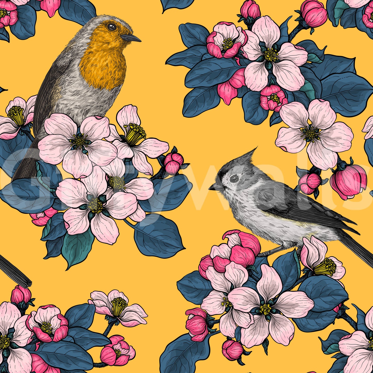 Birds and Blossoms on Yellow wallpaper with layered botanical elements