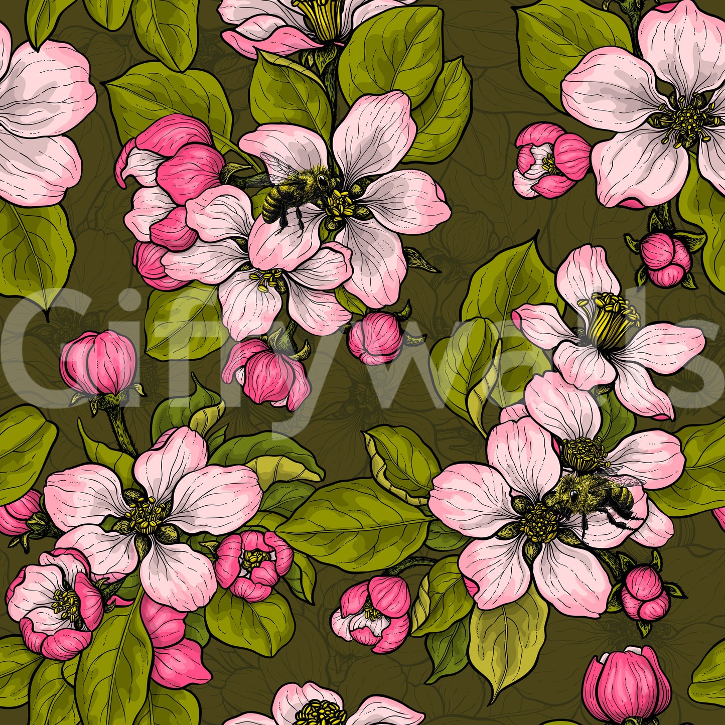Apple Blossom on Green wallpaper with detailed botanical elements
