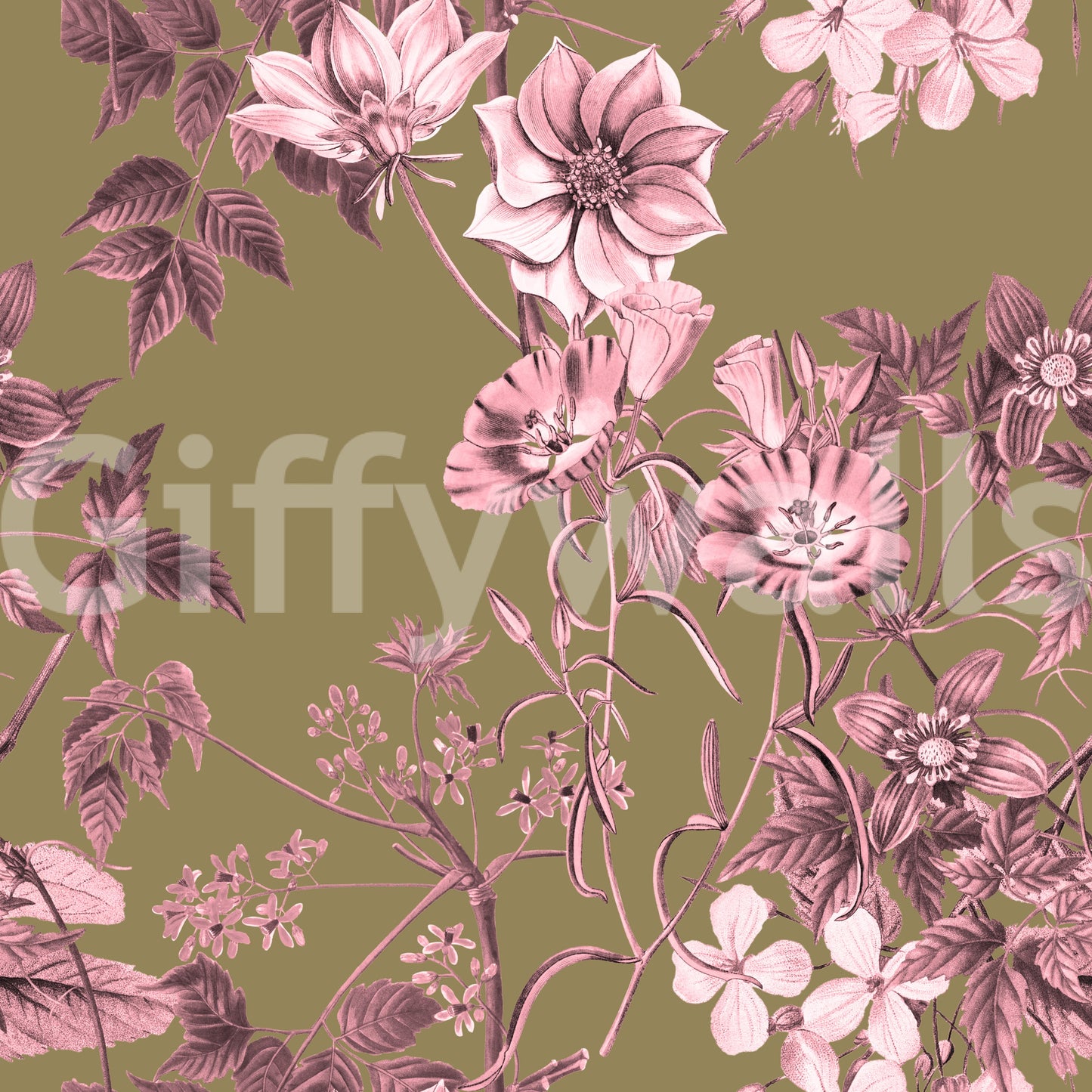 Erblühende Blumen: Rosa und Oliv Tapete