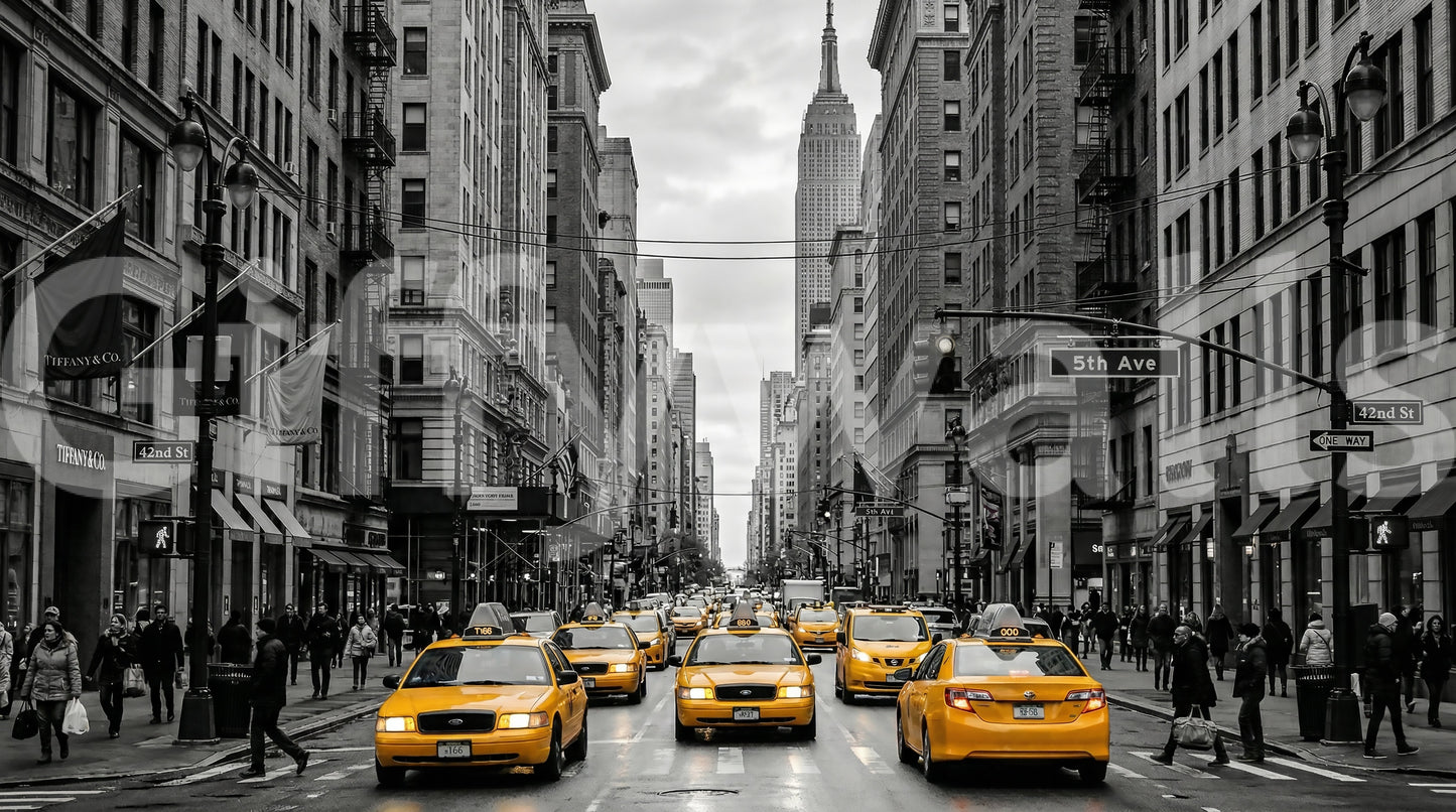 New York wall mural featuring yellow taxis on a busy avenue
