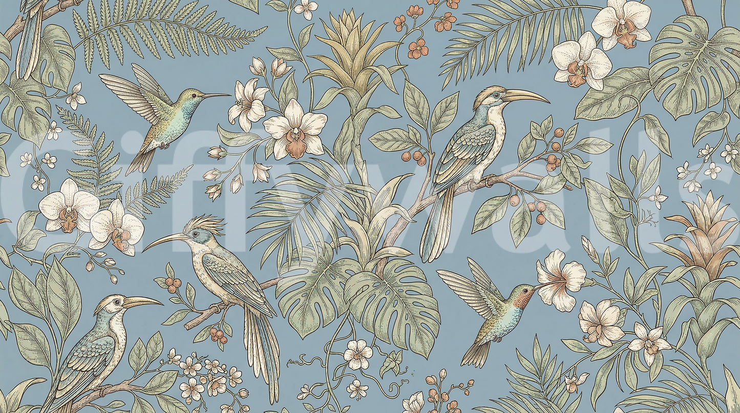 Tropical aviary mural with soft blue background and leafy detail