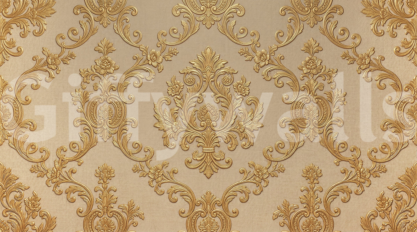 Vintage floral mural with gold detailing on textured beige base