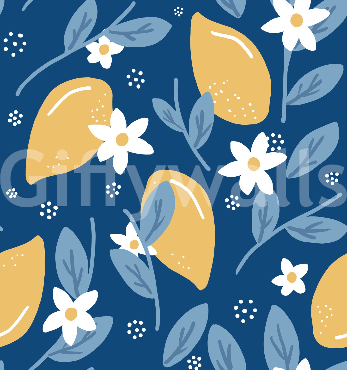 Bright lemon clusters across Lemon Orchard navy wallpaper