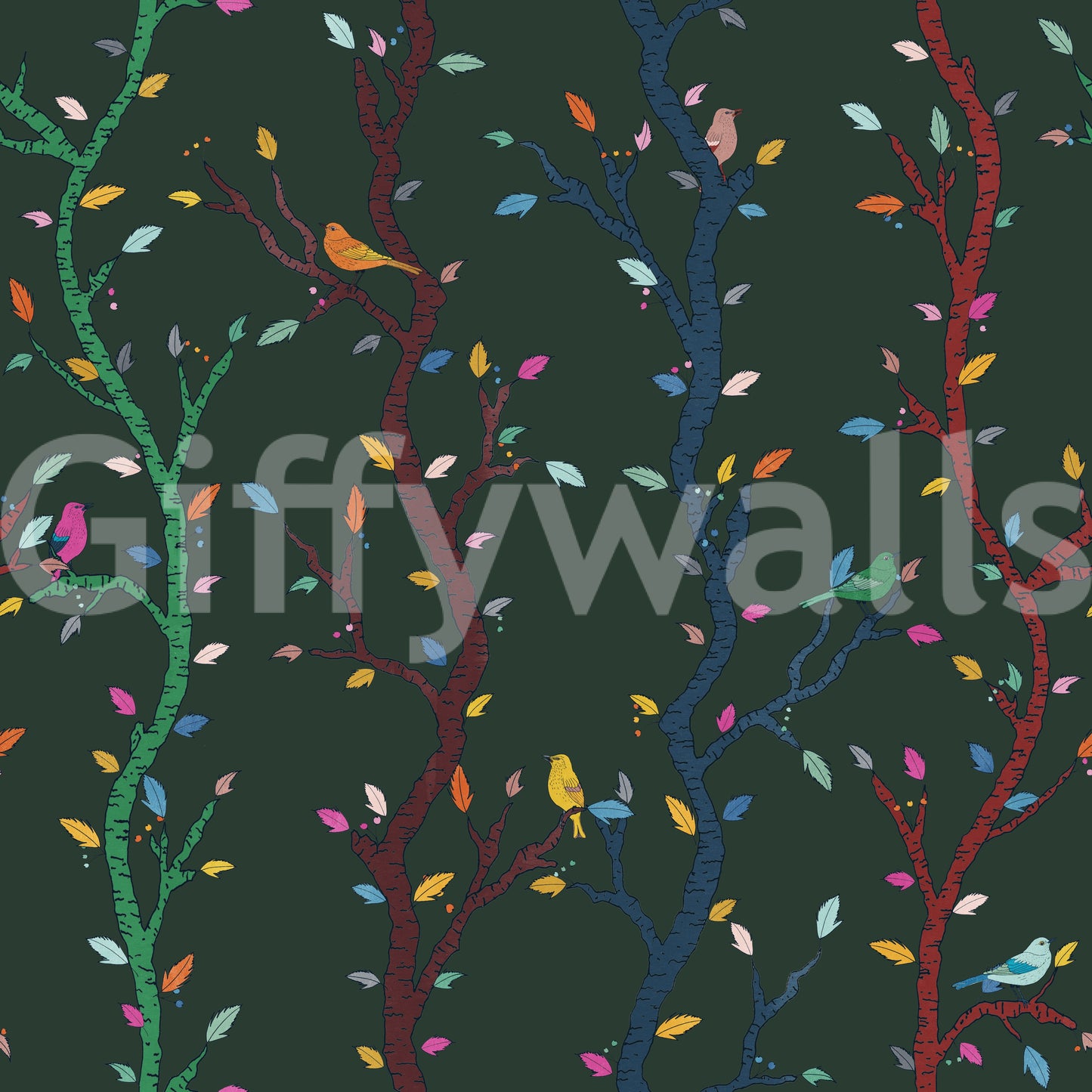 Waldnacht Waldzweige mit Vögeln Tapete
