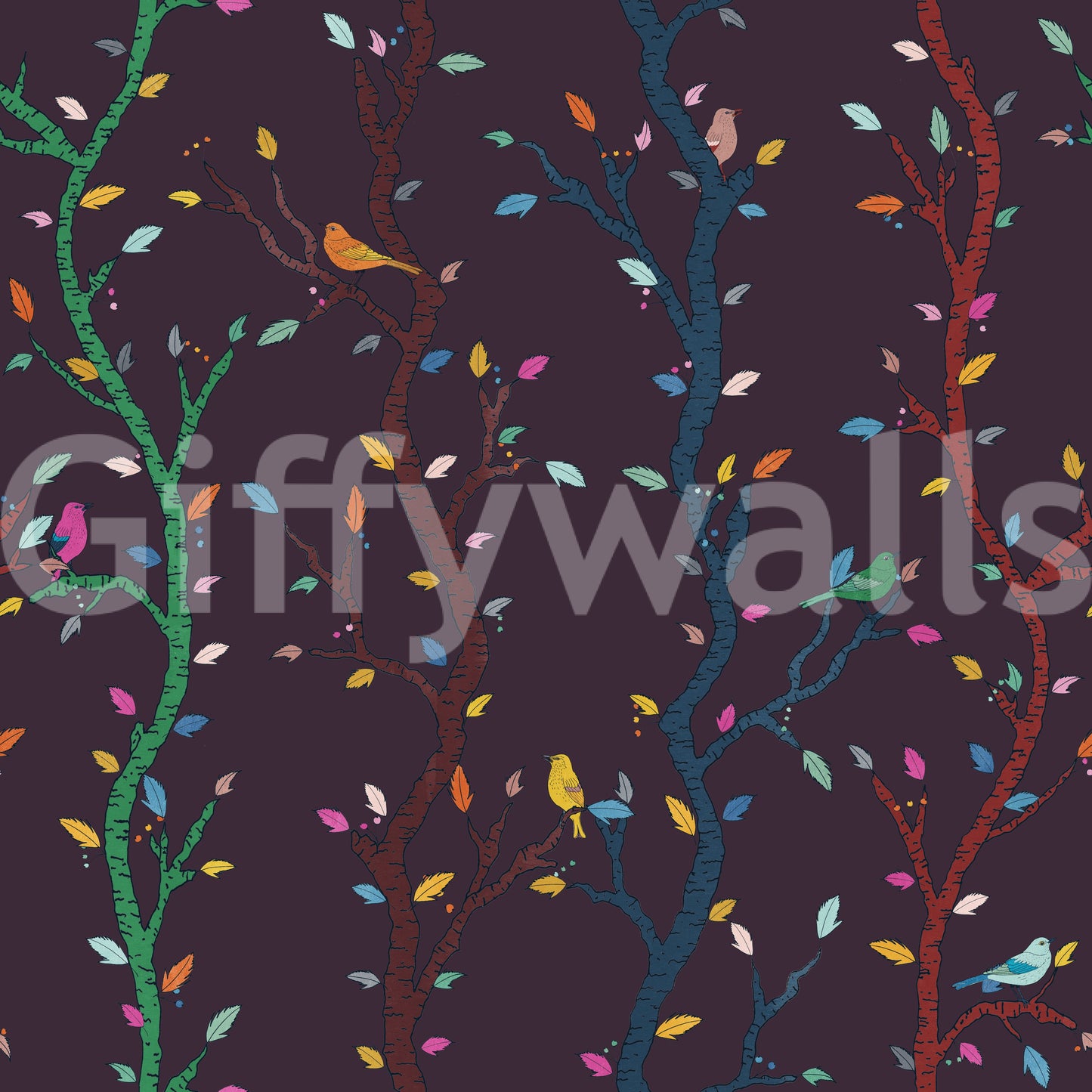 Papier peint Branches de forêt nocturne fuchsia avec oiseaux