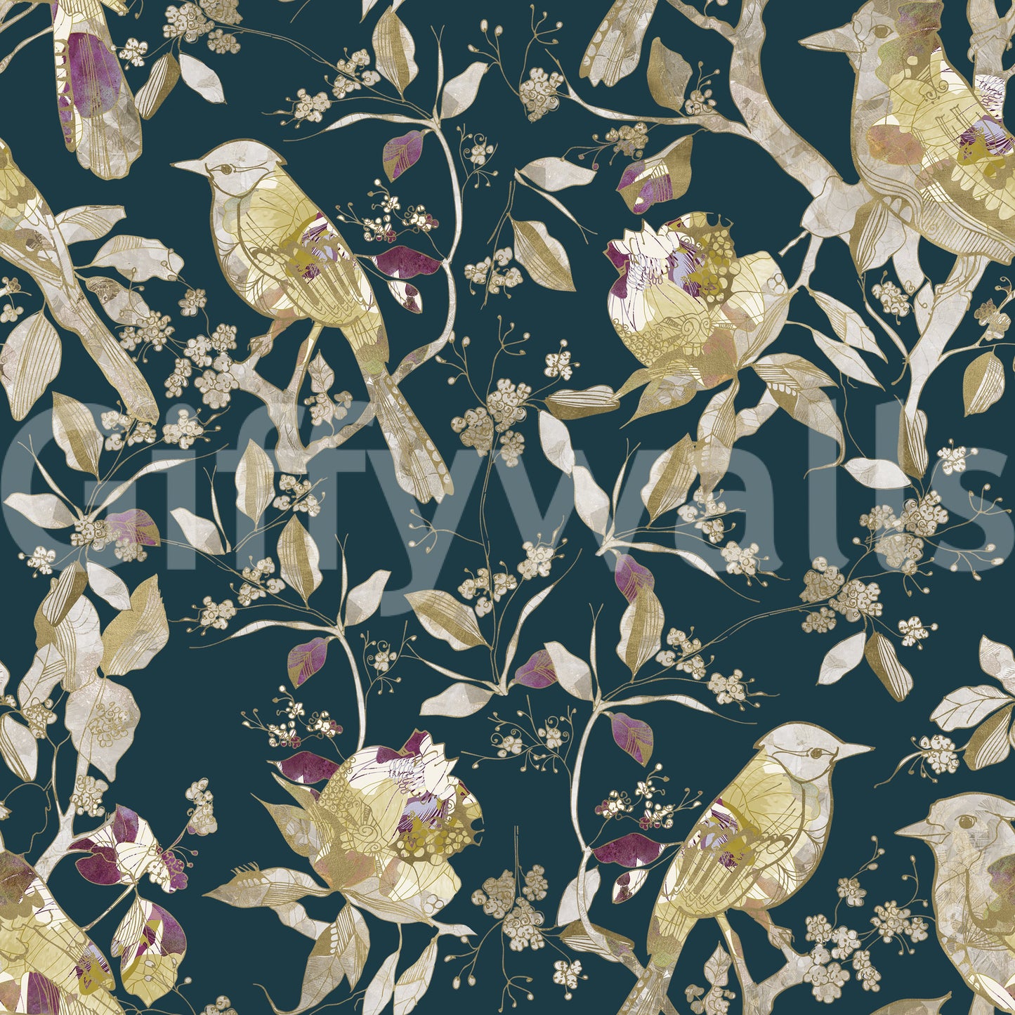 Midnight teal wallpaper with birds, vines, and balanced botanical detail