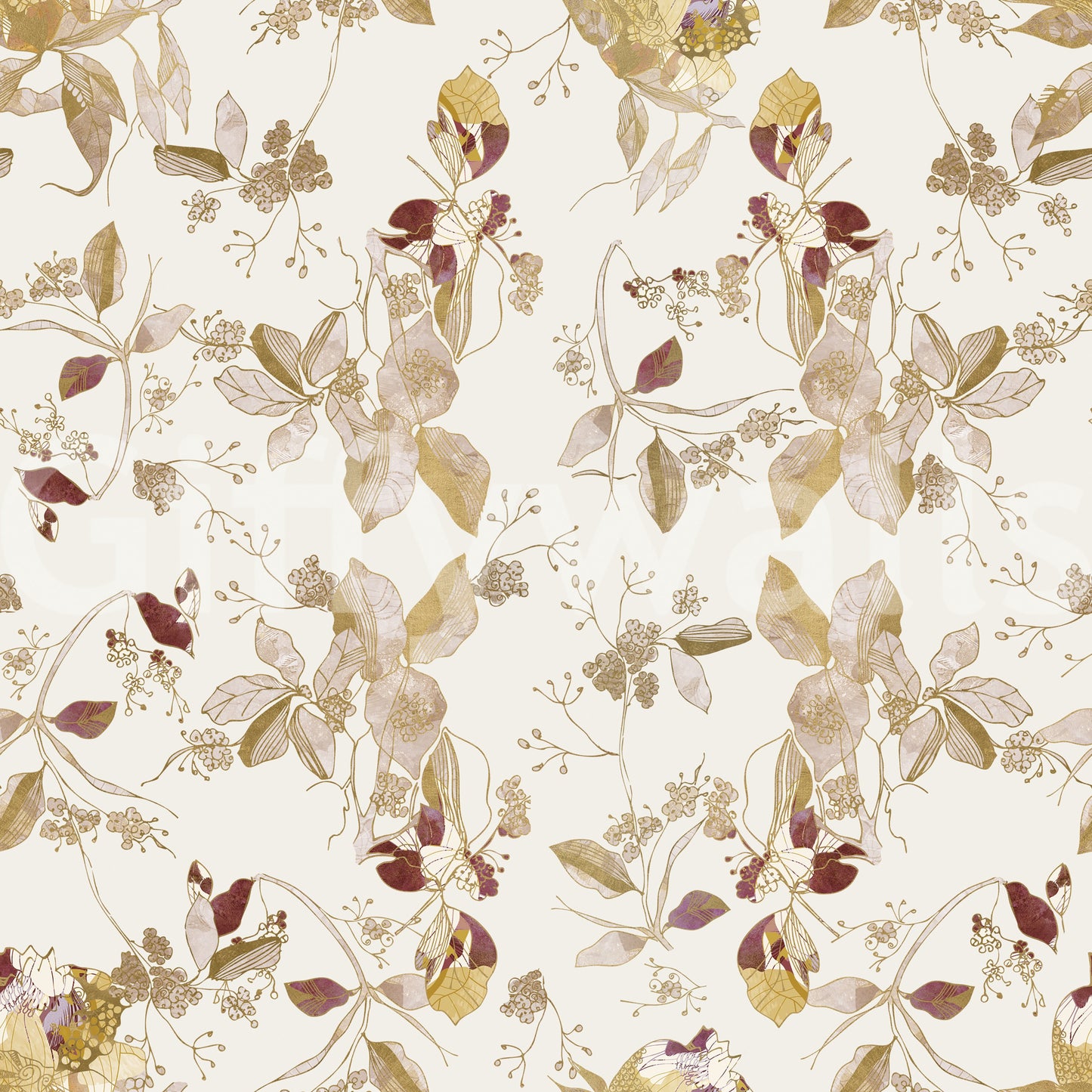 Heritage flower wallpaper with muted berry tones and graceful vine detail