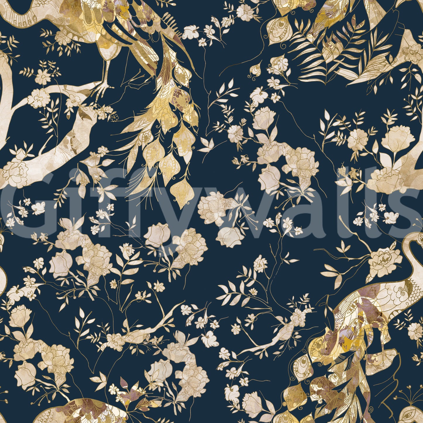 Papier peint Paon bleu sarcelle et or