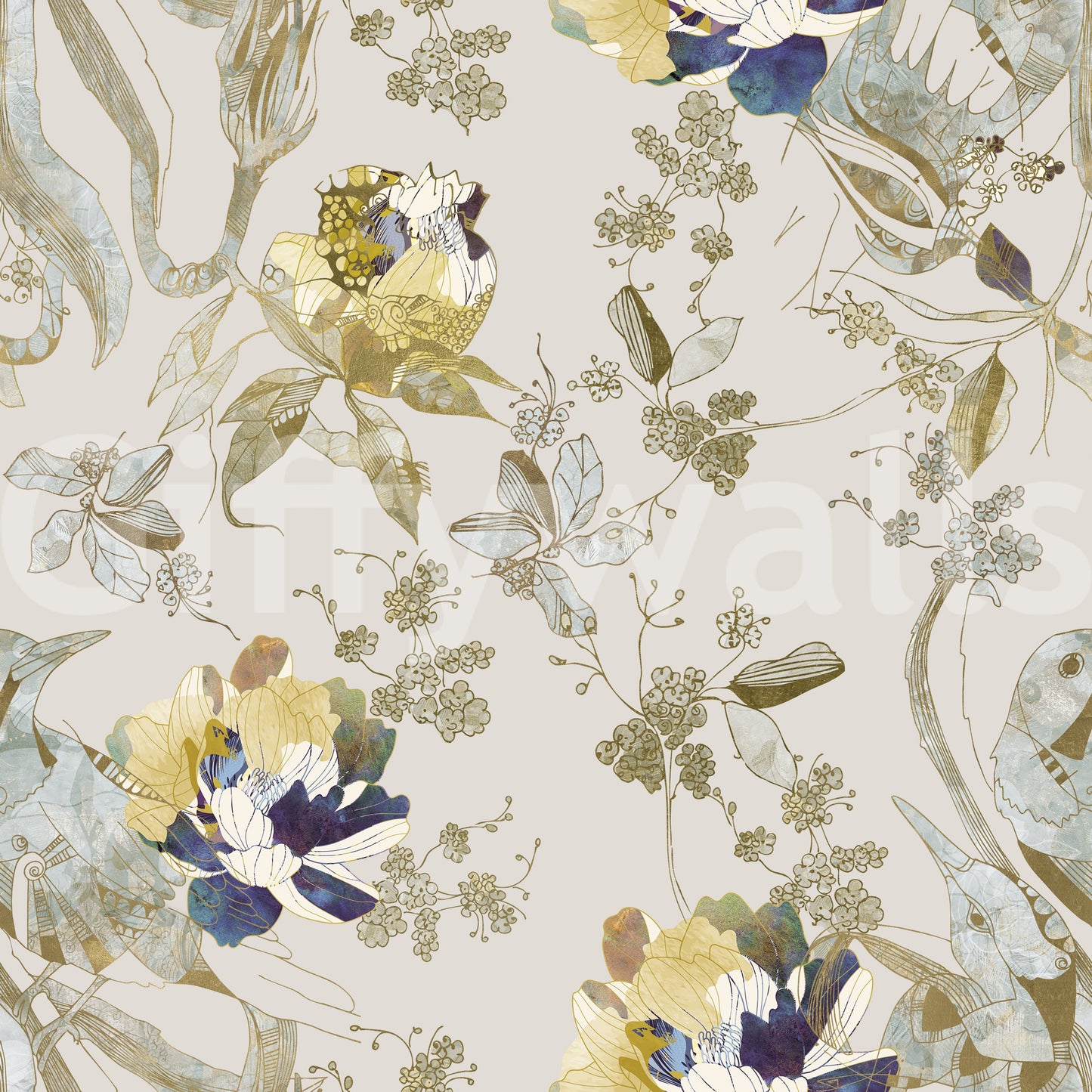 Smaragdgrønn fugl- og blomster-tapet