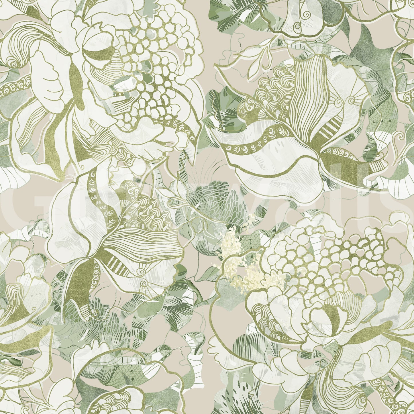 Papier peint Pivoine Vert Sauge Doux