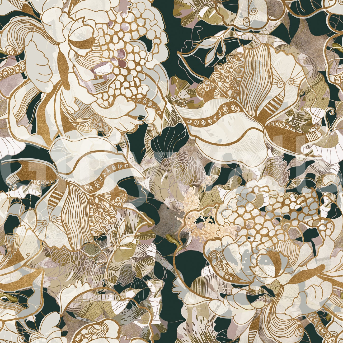 Artistic dark floral wallpaper with large peonies and linework pattern