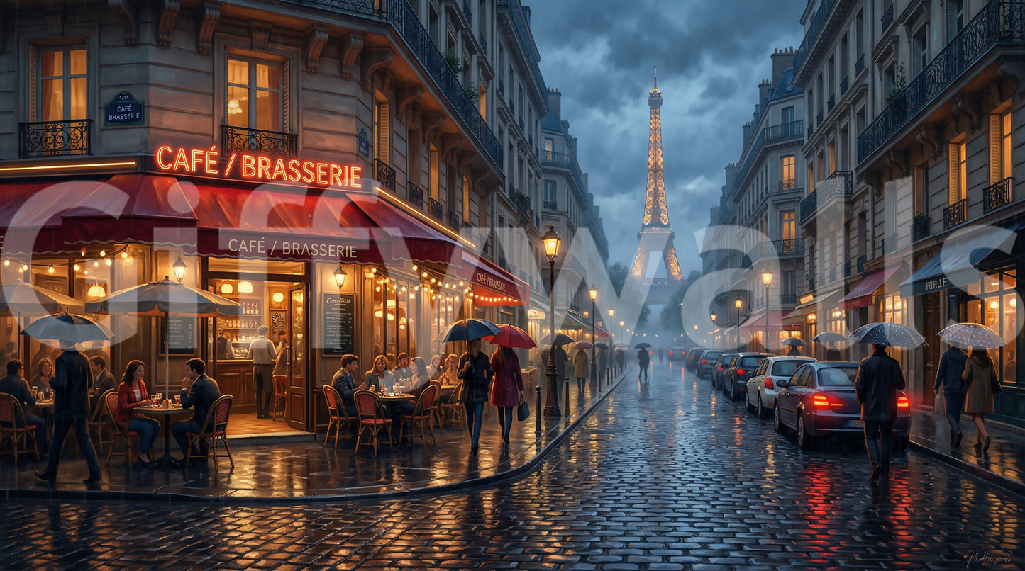 Moody Paris street wall mural rendered in deep blue and warm amber tones